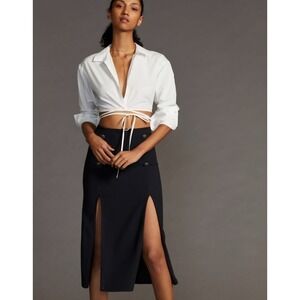 Maeve by Anthropologie Black Textured Midi Skirt Double Slit Button preppy 6